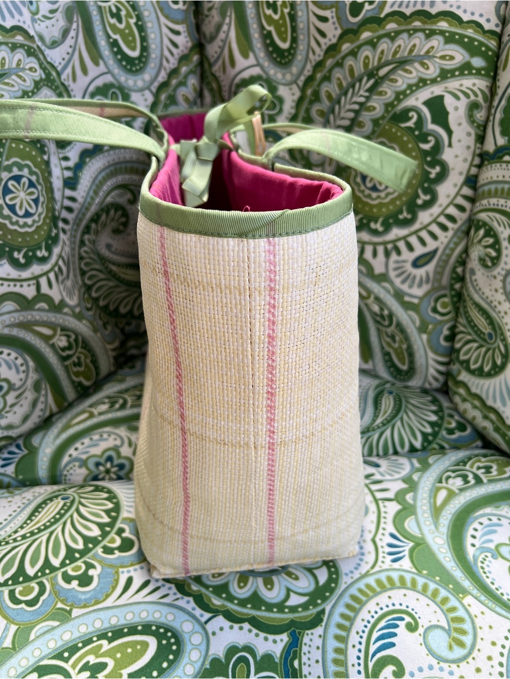 Ralph Lauren Plaid Straw Cream & Pink Tote Bag - Picture 6 of 8